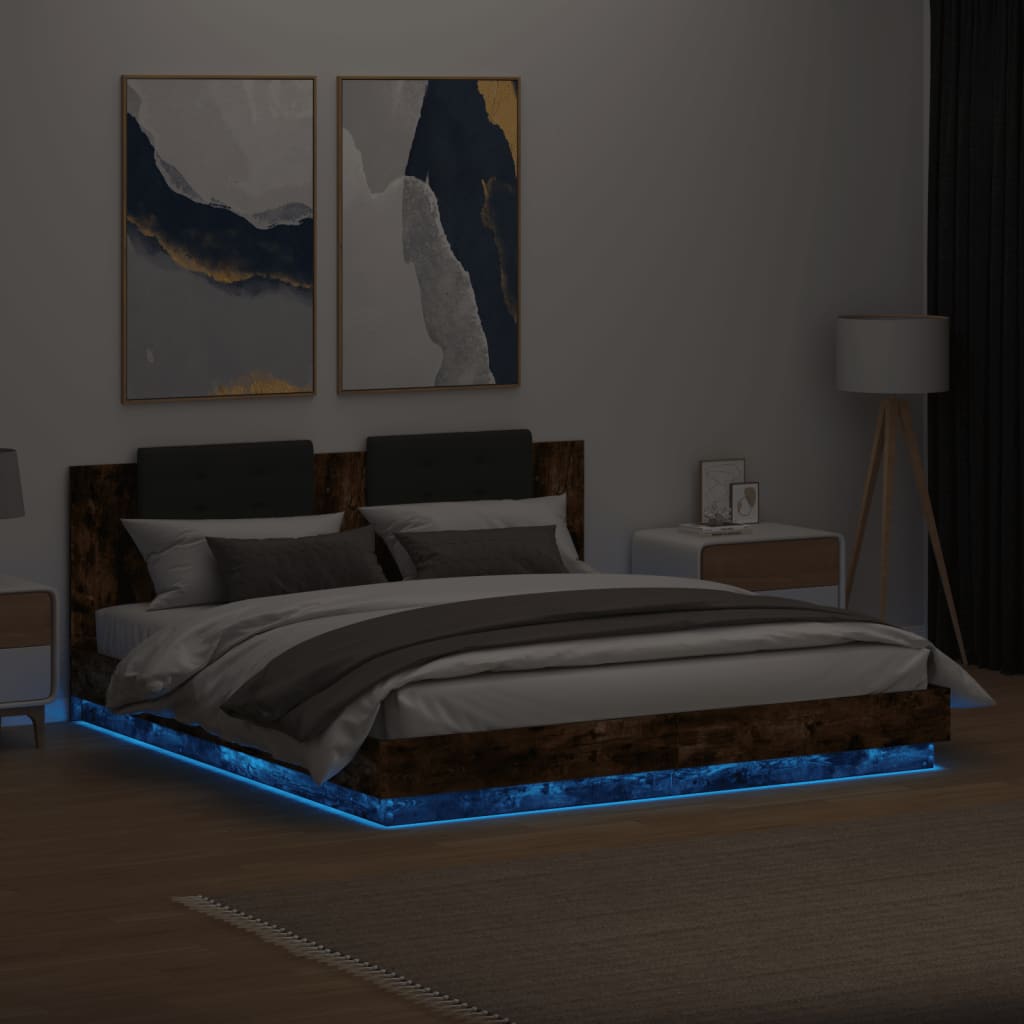 vidaXL Bed Frame with LED without Mattress Smoked Oak 180x200 cm Super King