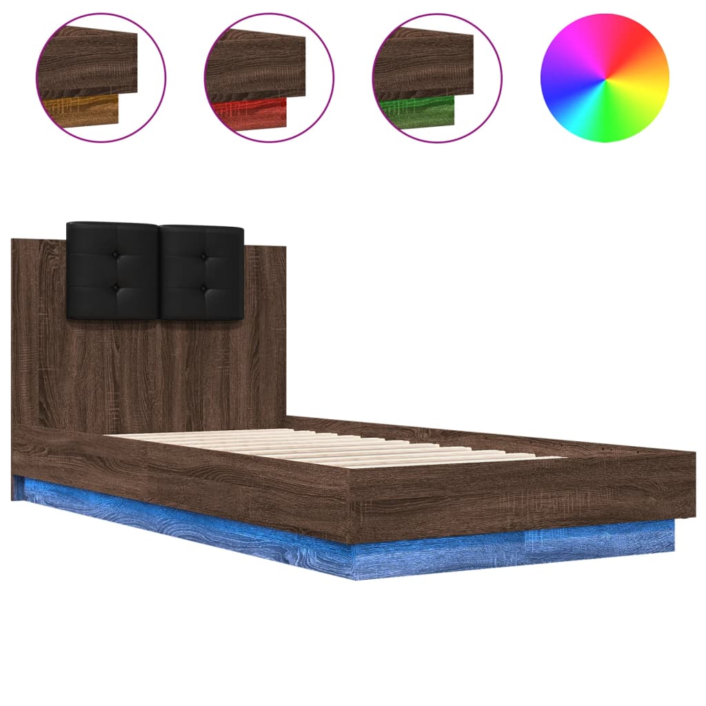 vidaXL Bed Frame | Brown Oak | Engineered wood, Plywood | Small Single | Lights