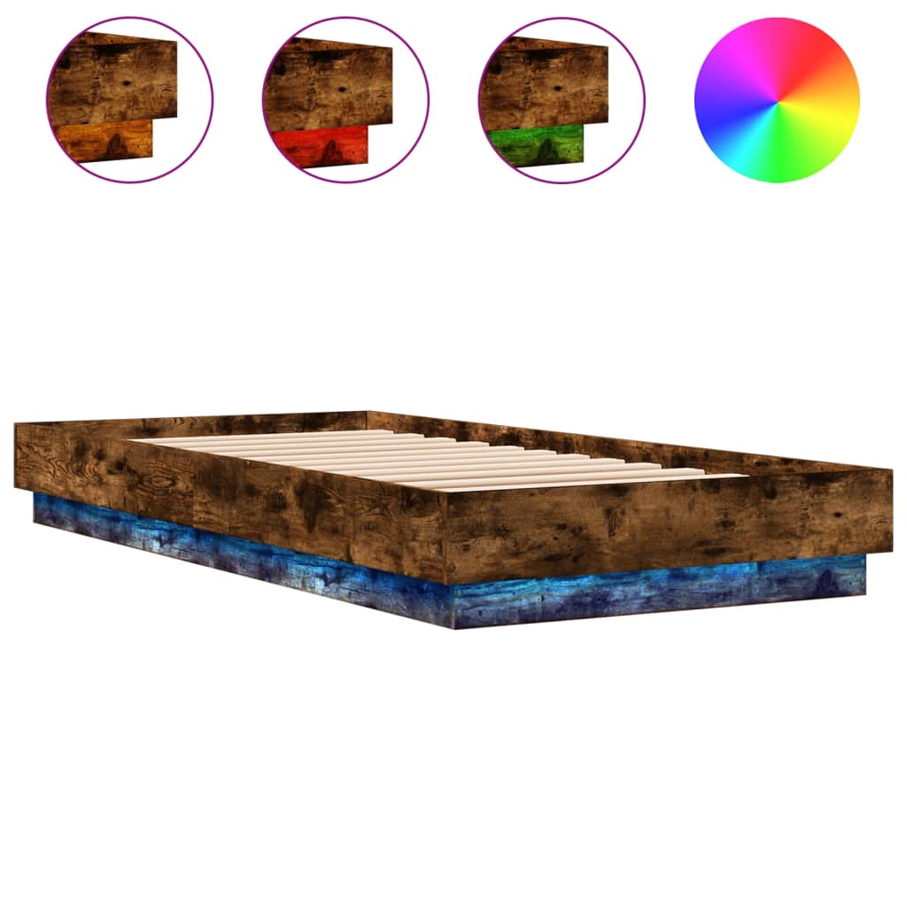 vidaXL Bed Frame without Mattress with LED Lights Smoked Oak 100x200 cm