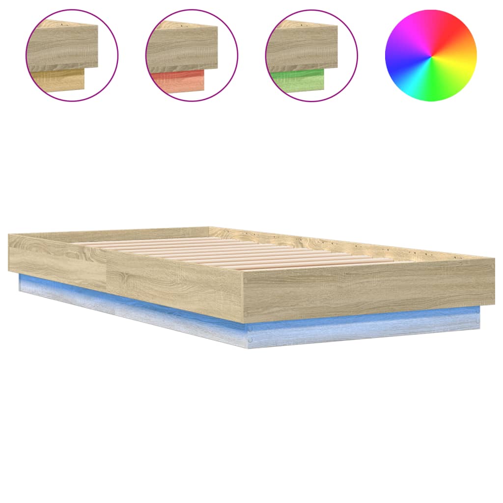 vidaXL Bed Frame without Mattress with LED Lights Sonoma Oak 75x190 cm Small Single