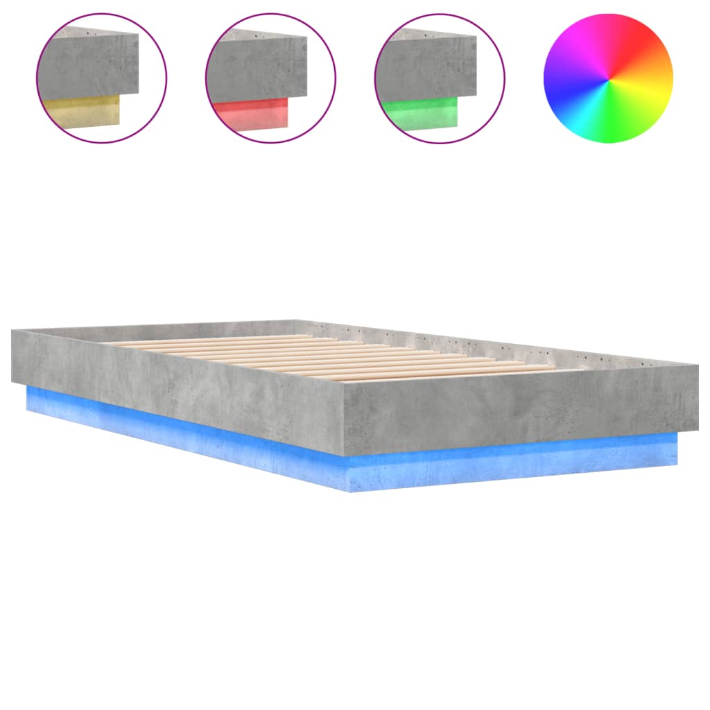 vidaXL Bed Frame without Mattress with LED Lights Concrete Grey 75x190 cm Small Single