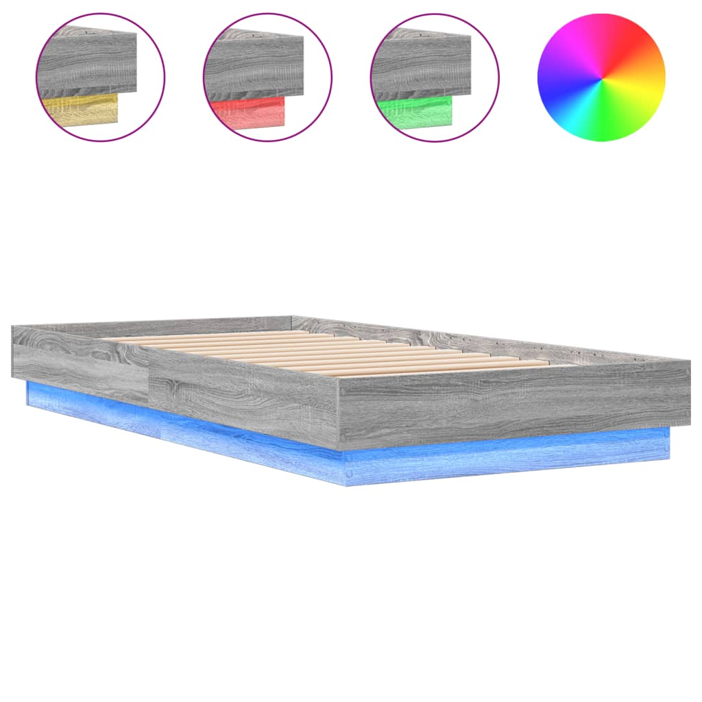 vidaXL Bed Frame without Mattress with LED Lights Grey Sonoma 75x190 cm Small Single