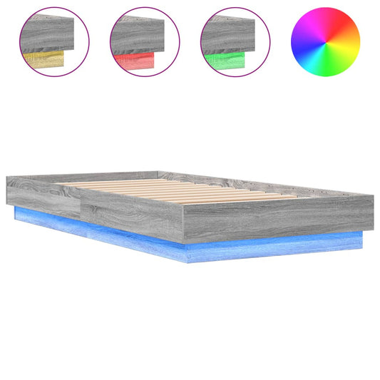 vidaXL Bed Frame without Mattress with LED Lights Grey Sonoma 75x190 cm Small Single