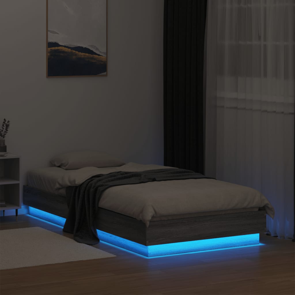 vidaXL Bed Frame without Mattress with LED Lights Grey Sonoma 75x190 cm Small Single