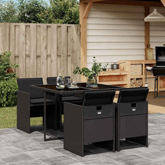 vidaXL 5 Piece Garden Dining Set with Cushions Black Poly Rattan