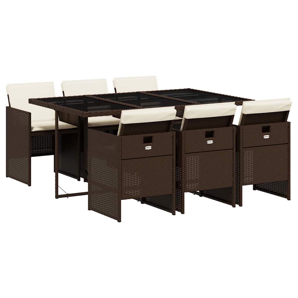 vidaXL 7 Piece Garden Dining Set with Cushions Brown Poly Rattan