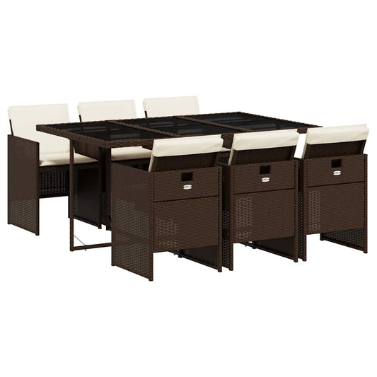 vidaXL 7 Piece Garden Dining Set with Cushions Brown Poly Rattan