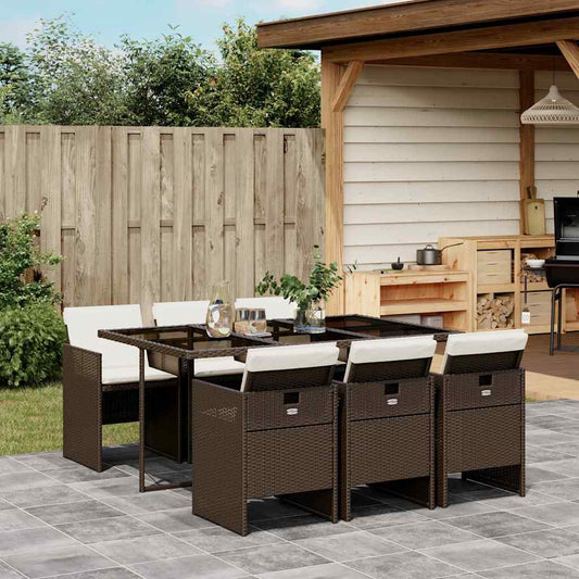 vidaXL 7 Piece Garden Dining Set with Cushions Brown Poly Rattan