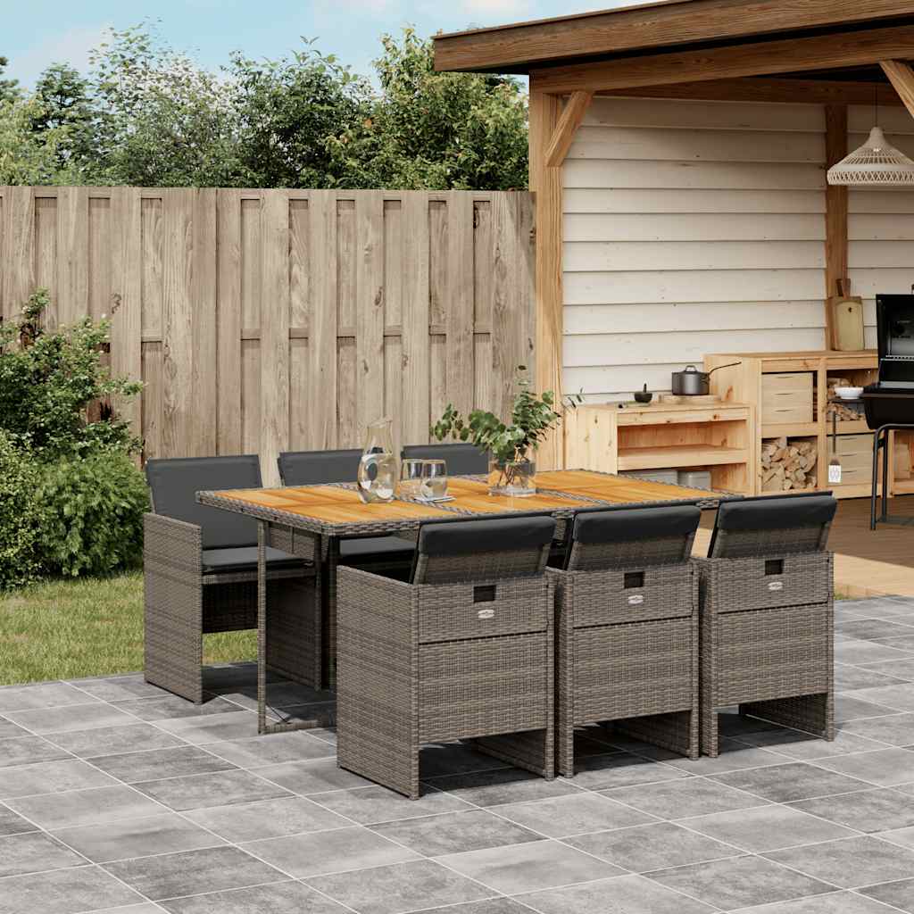 vidaXL 7 Piece Garden Dining Set with Cushions Grey Poly Rattan