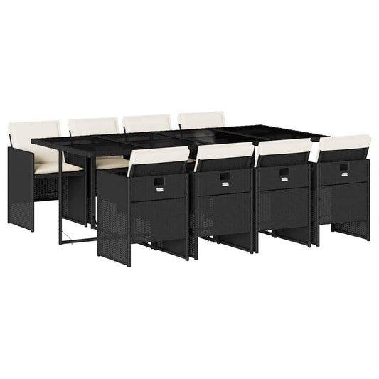 vidaXL 9 Piece Garden Dining Set with Cushions Black Poly Rattan