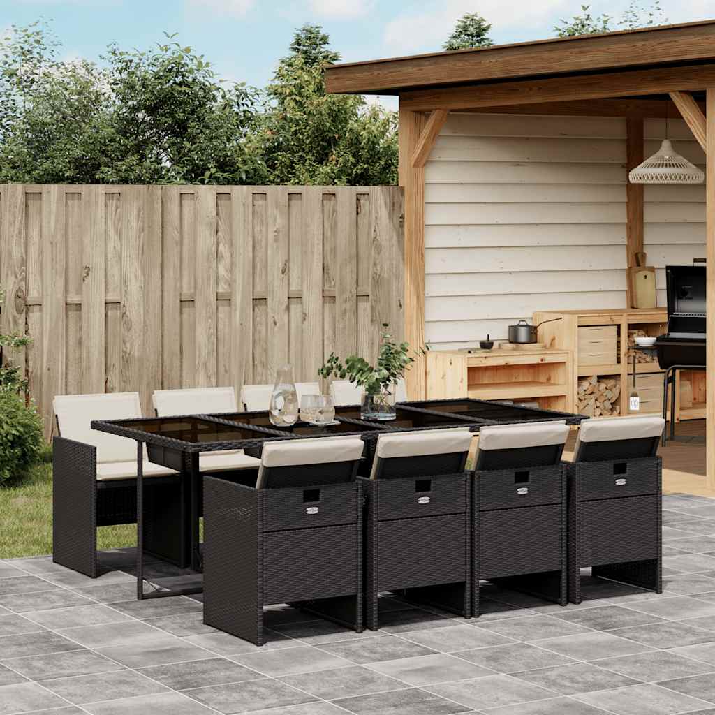 vidaXL 9 Piece Garden Dining Set with Cushions Black Poly Rattan