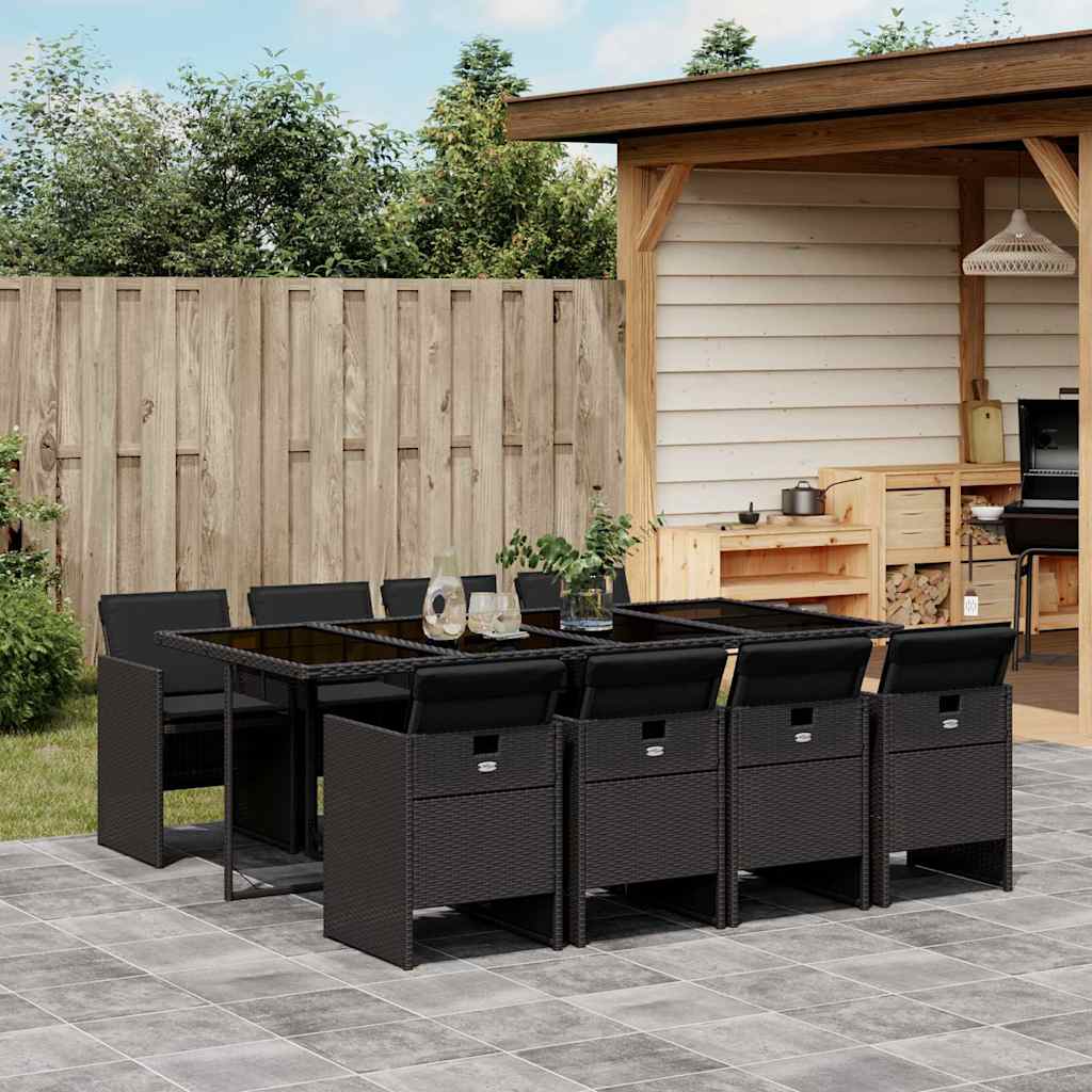 vidaXL 9 Piece Garden Dining Set with Cushions Black Poly Rattan