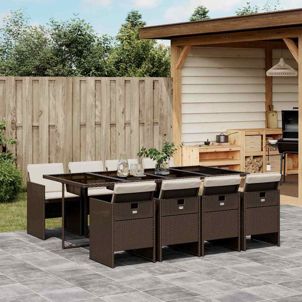 vidaXL 9 Piece Garden Dining Set with Cushions Brown Poly Rattan