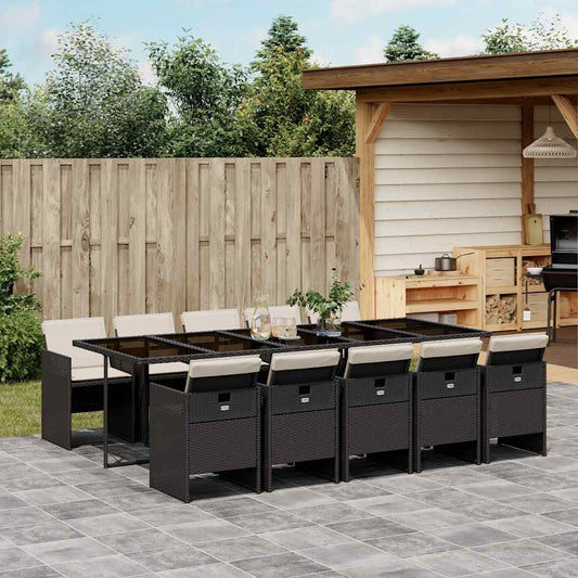 vidaXL 11 Piece Garden Dining Set with Cushions Black Poly Rattan