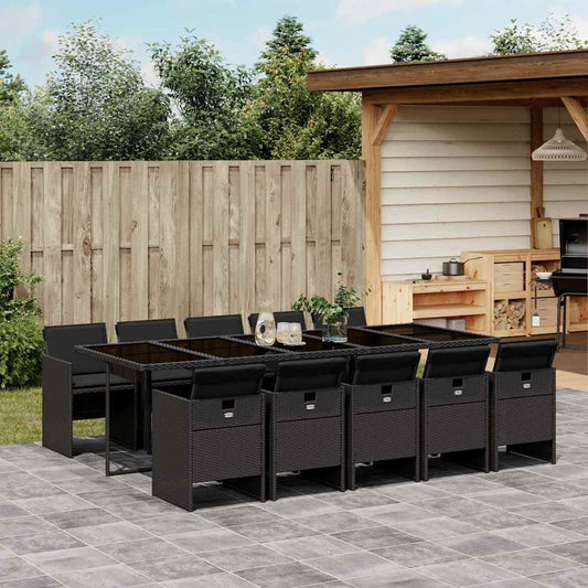 vidaXL 11 Piece Garden Dining Set with Cushions Black Poly Rattan