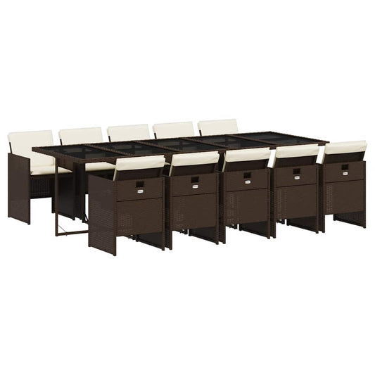 vidaXL 11 Piece Garden Dining Set with Cushions Brown Poly Rattan