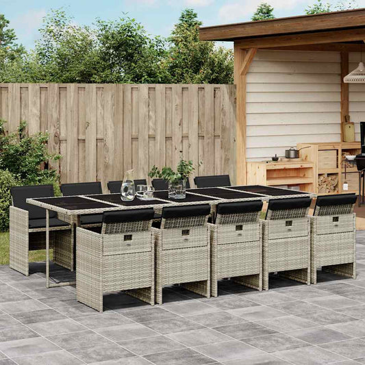vidaXL 11 Piece Garden Dining Set with Cushions Light Grey Poly Rattan