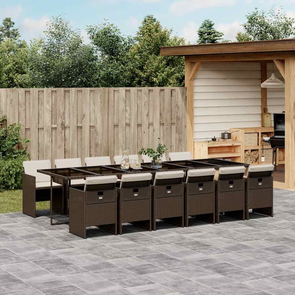 vidaXL 13 Piece Garden Dining Set with Cushions Brown Poly Rattan