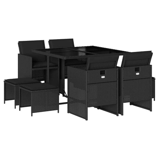 vidaXL 9 Piece Garden Dining Set with Cushions Black Poly Rattan