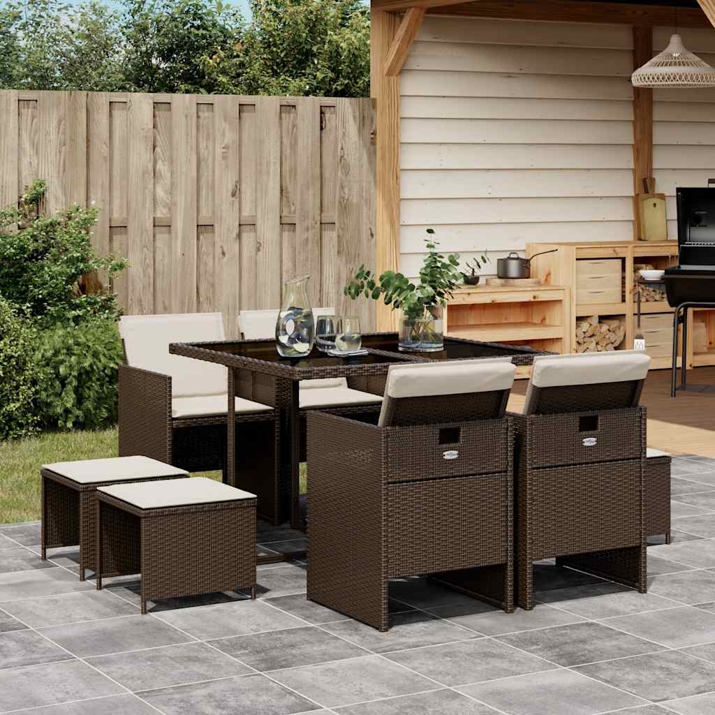 vidaXL 9 Piece Garden Dining Set with Cushions Brown Poly Rattan