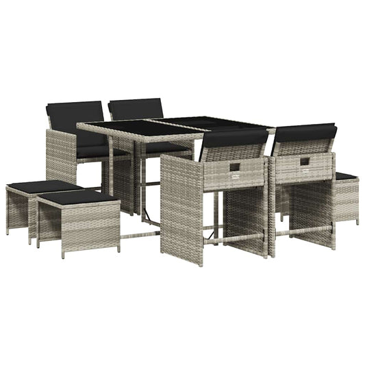 vidaXL 9 Piece Garden Dining Set with Cushions Light Grey Poly Rattan