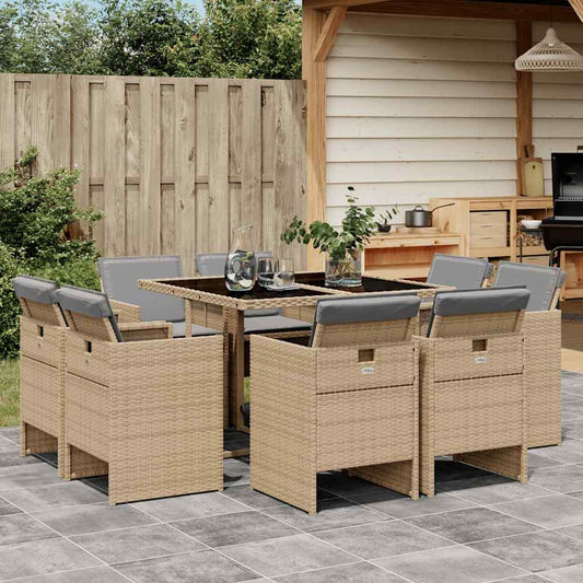 vidaXL 9 Piece Garden Dining Set with Cushions Mix Beige Poly Rattan