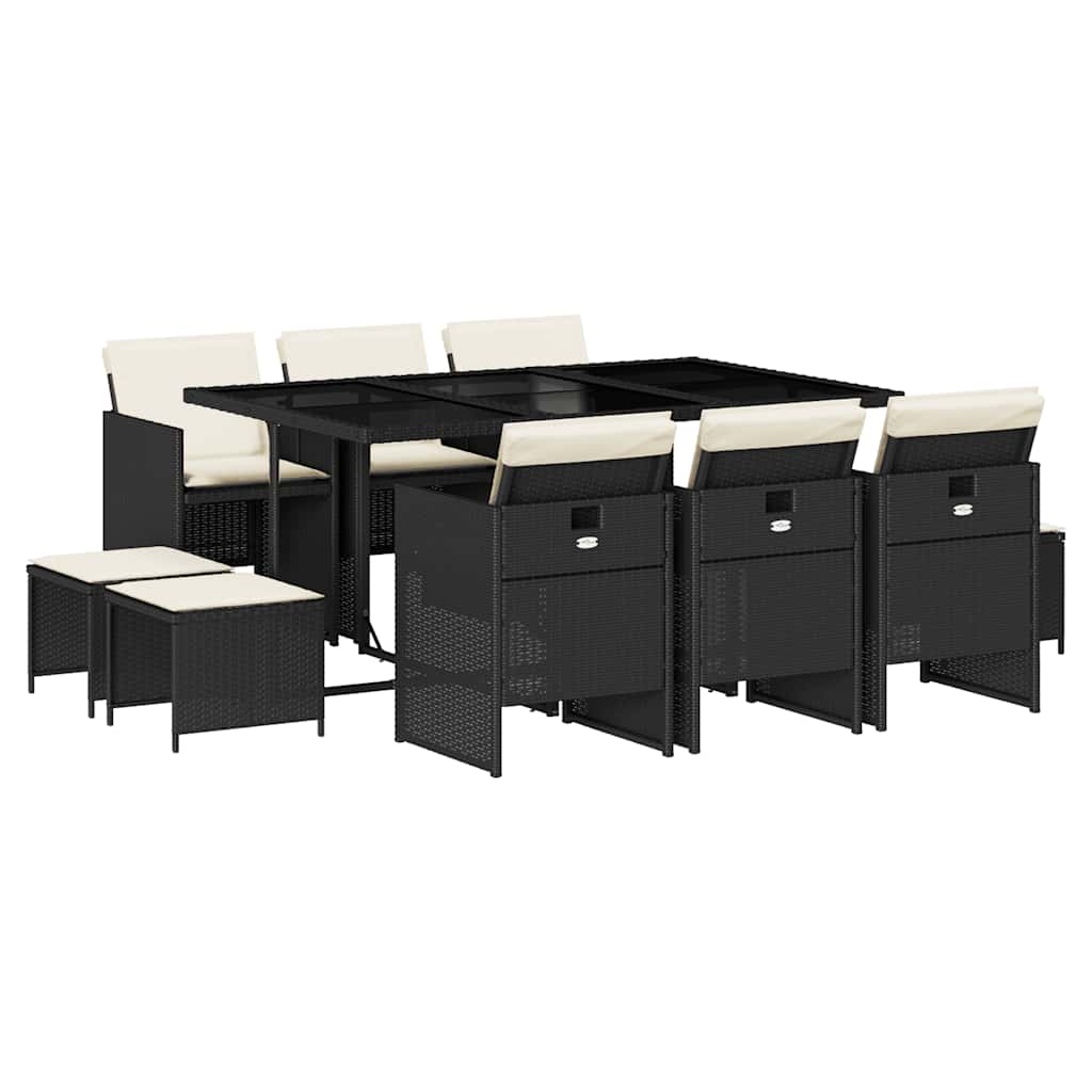 vidaXL 11 Piece Garden Dining Set with Cushions Black Poly Rattan