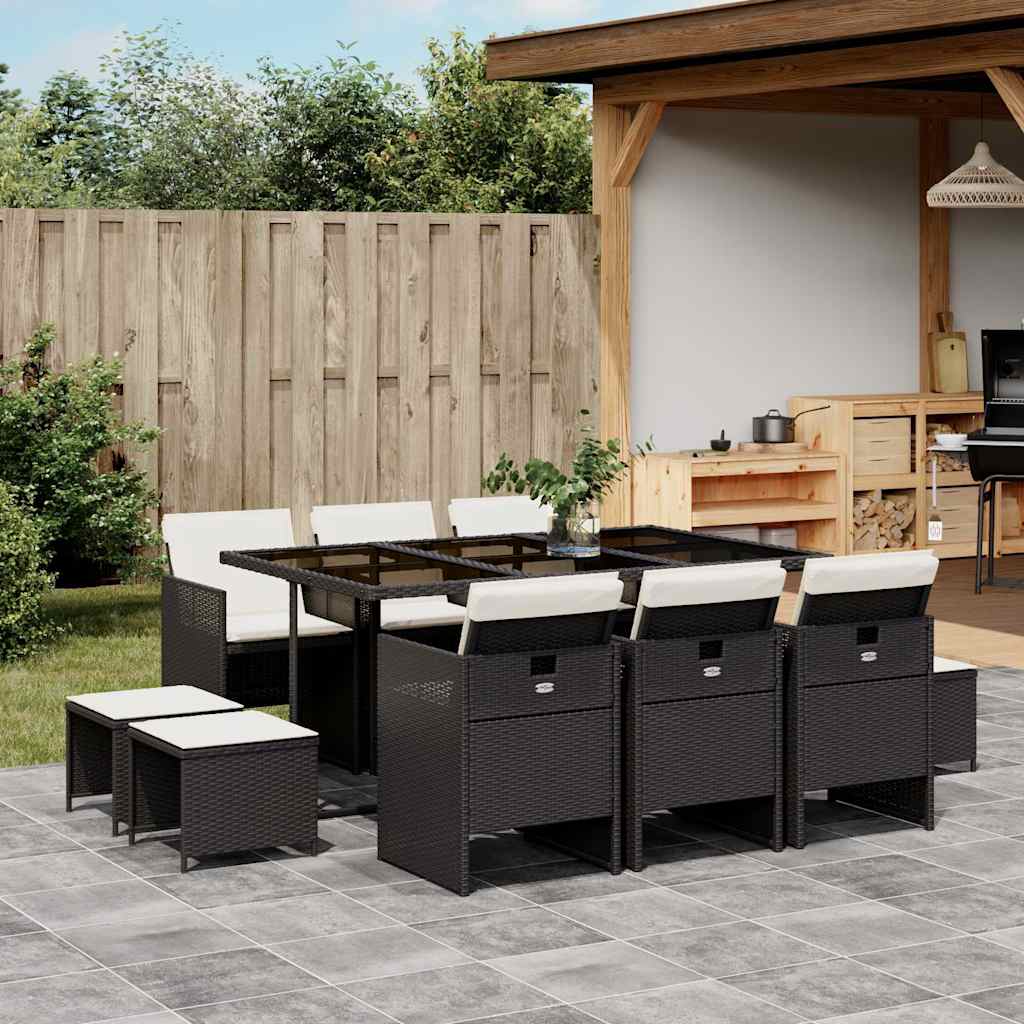 vidaXL 11 Piece Garden Dining Set with Cushions Black Poly Rattan