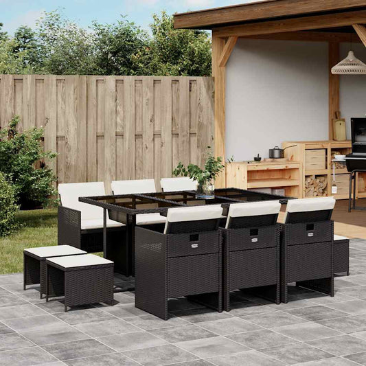 vidaXL 11 Piece Garden Dining Set with Cushions Black Poly Rattan