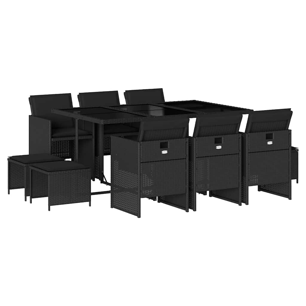 vidaXL 11 Piece Garden Dining Set with Cushions Black Poly Rattan