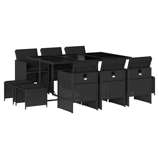vidaXL 11 Piece Garden Dining Set with Cushions Black Poly Rattan