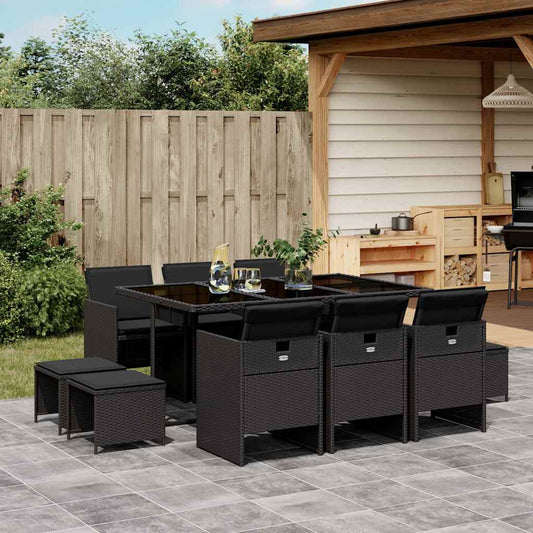 vidaXL 11 Piece Garden Dining Set with Cushions Black Poly Rattan