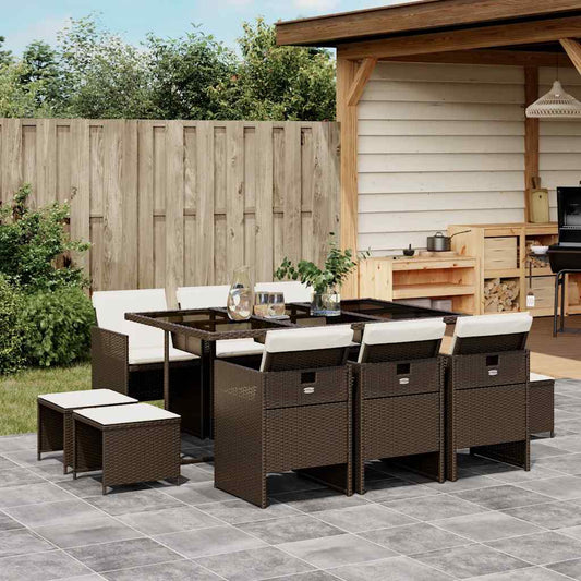 vidaXL 11 Piece Garden Dining Set with Cushions Brown Poly Rattan
