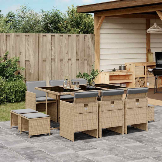 vidaXL 11 Piece Garden Dining Set with Cushions Mix Beige Poly Rattan