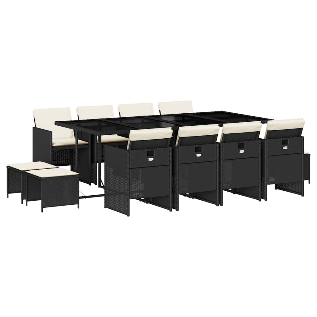 vidaXL 13 Piece Garden Dining Set with Cushions Black Poly Rattan