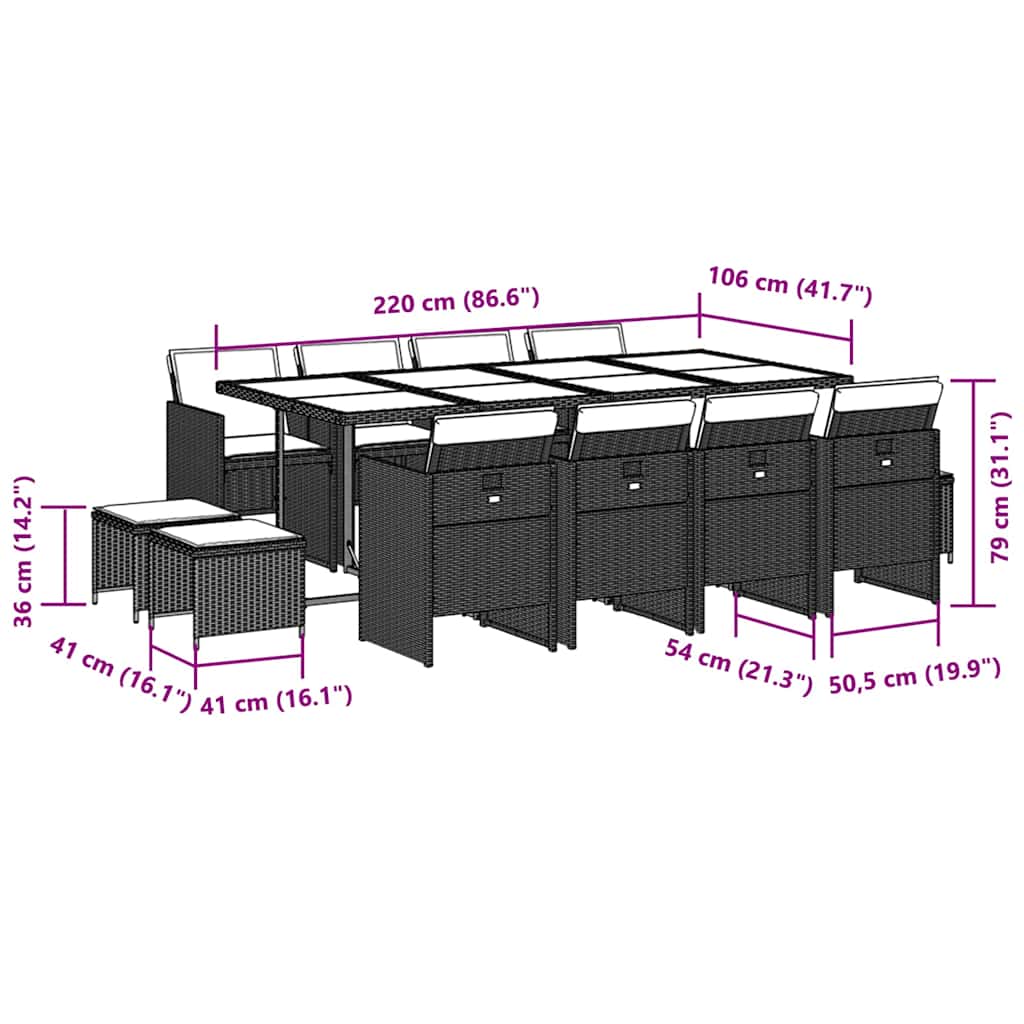 vidaXL 13 Piece Garden Dining Set with Cushions Black Poly Rattan