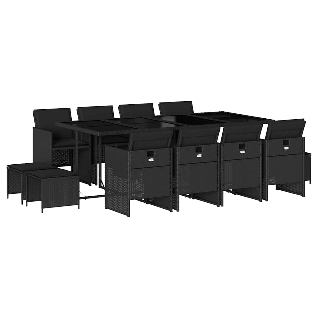 vidaXL 13 Piece Garden Dining Set with Cushions Black Poly Rattan