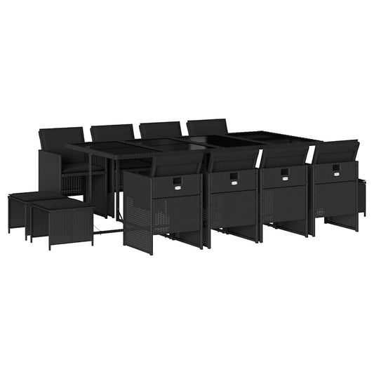 vidaXL 13 Piece Garden Dining Set with Cushions Black Poly Rattan