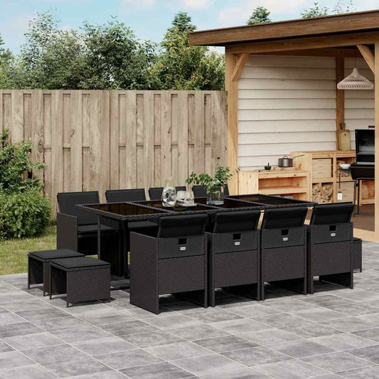 vidaXL 13 Piece Garden Dining Set with Cushions Black Poly Rattan