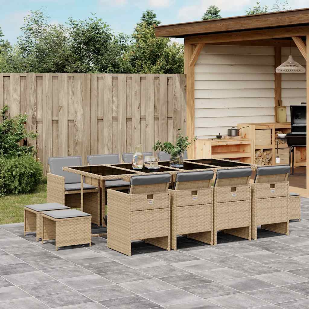 vidaXL 13 Piece Garden Dining Set with Cushions Mix Beige Poly Rattan