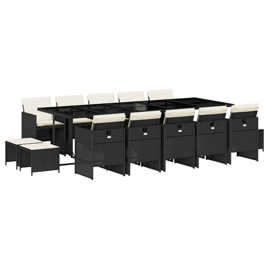 vidaXL 15 Piece Garden Dining Set with Cushions Black Poly Rattan