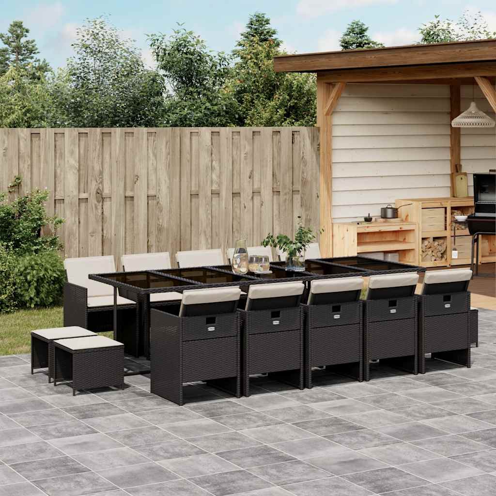 vidaXL 15 Piece Garden Dining Set with Cushions Black Poly Rattan