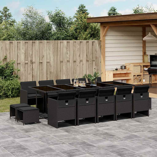 vidaXL 15 Piece Garden Dining Set with Cushions Black Poly Rattan