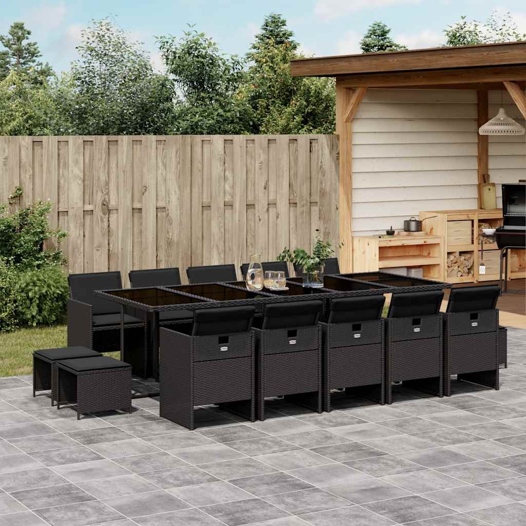 vidaXL 15 Piece Garden Dining Set with Cushions Black Poly Rattan
