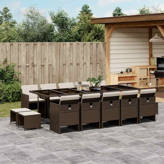 vidaXL 15 Piece Garden Dining Set with Cushions Brown Poly Rattan