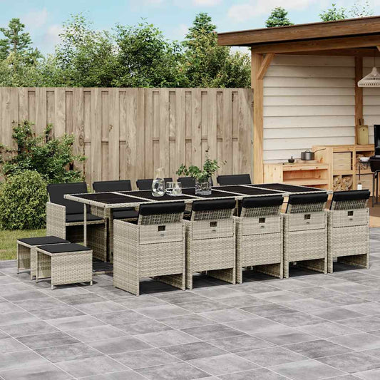 vidaXL 15 Piece Garden Dining Set with Cushions Light Grey Poly Rattan