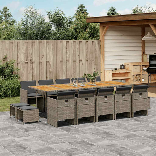 vidaXL 15 Piece Garden Dining Set with Cushions Grey Poly Rattan