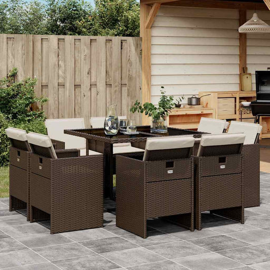 vidaXL 9 Piece Garden Dining Set with Cushions Brown Poly Rattan
