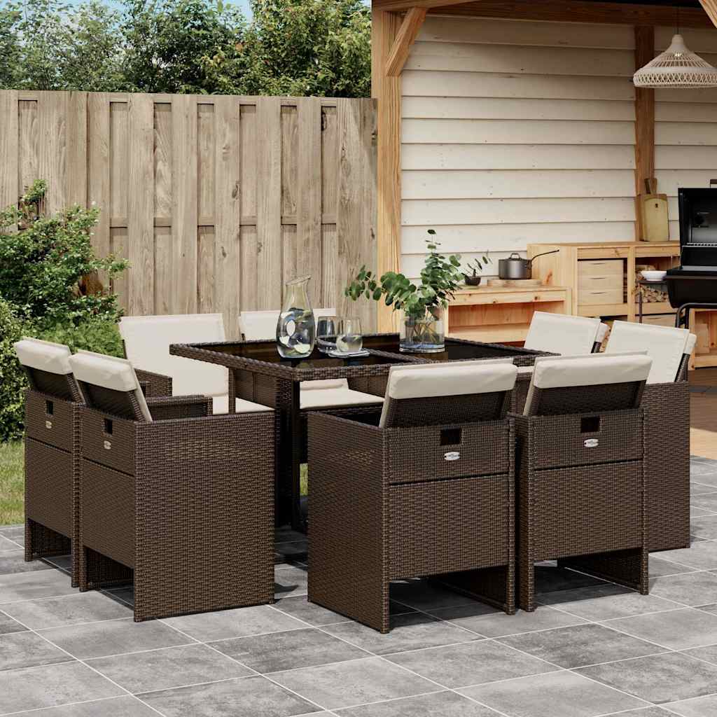 vidaXL 9 Piece Garden Dining Set with Cushions Brown Poly Rattan