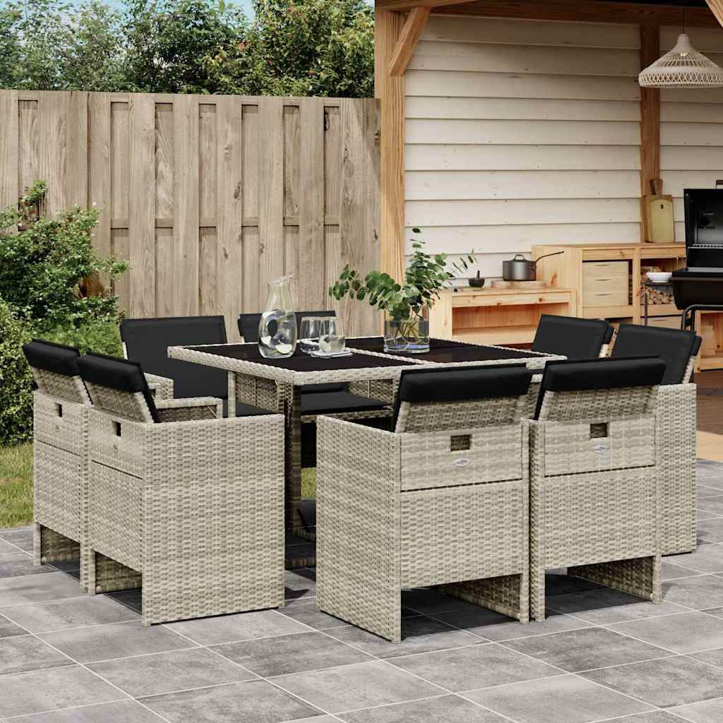 vidaXL 9 Piece Garden Dining Set with Cushions Light Grey Poly Rattan